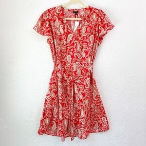 Ann Taylor Red Paisley Flutter Sleeve Flounce Hem Tie Waist Dress Sz M
